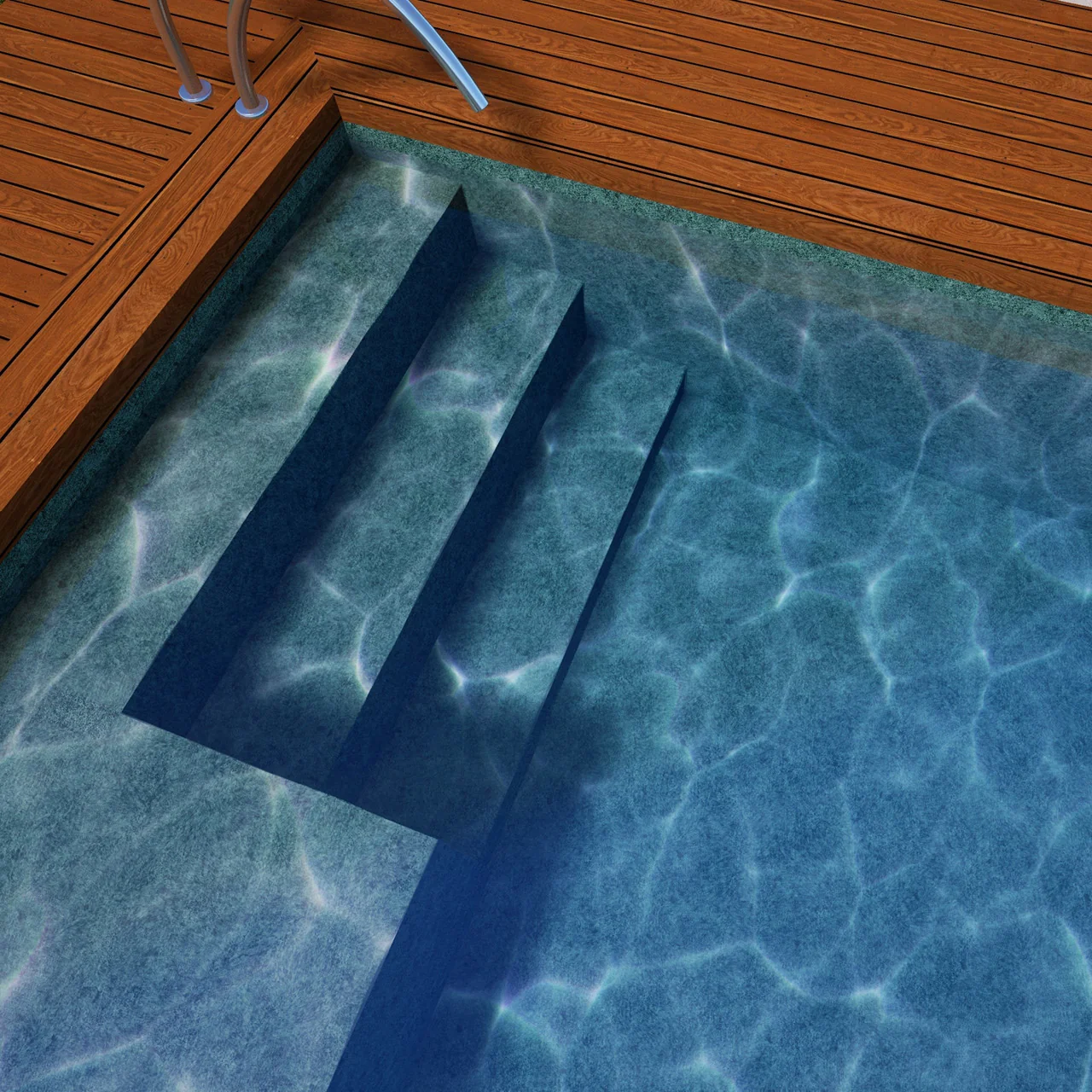 Marches de piscine avec membrane armée BWT Be BRANE 3D Surface Emerald Stone, eau bleu-vert profond et échelle inox sur terrasse en bois