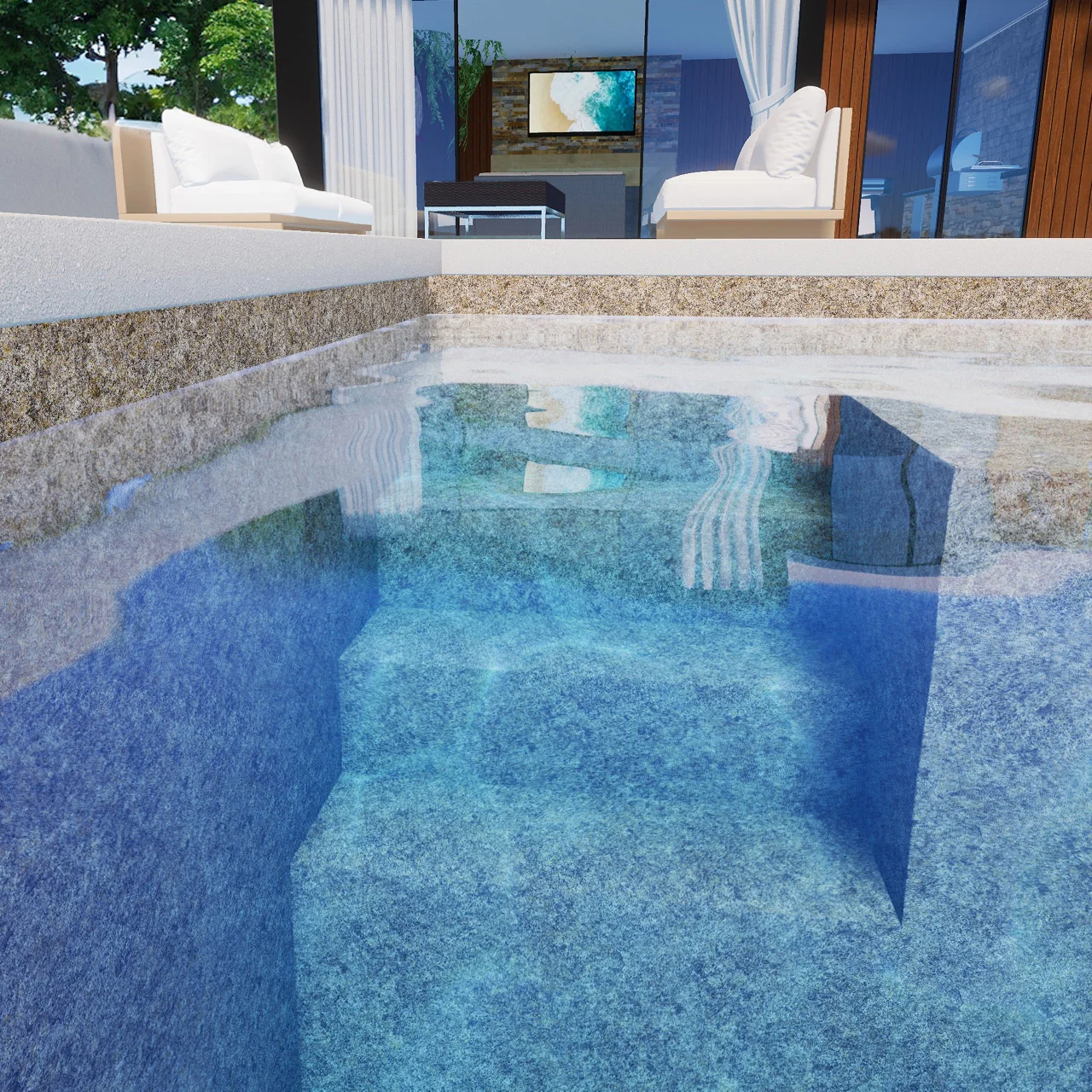 Piscine avec membrane armée BWT Be BRANE 3D Surface Sunlit Quartz, margelle taupe et eau bleu clair devant une villa avec véranda