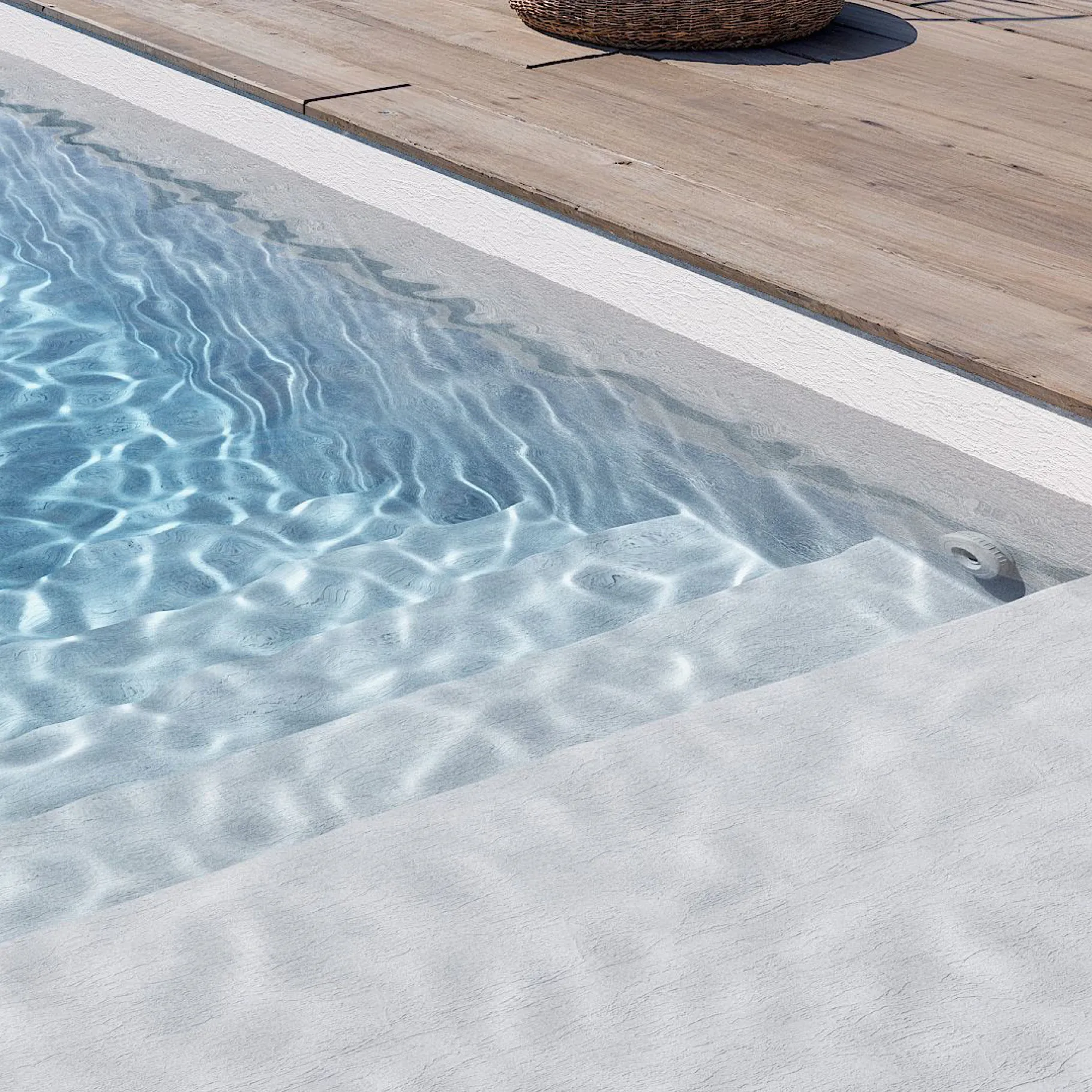 Marches de piscine avec membrane armée BWT Be BRANE Pureline Blanc, eau limpide et claire sur une terrasse en bois