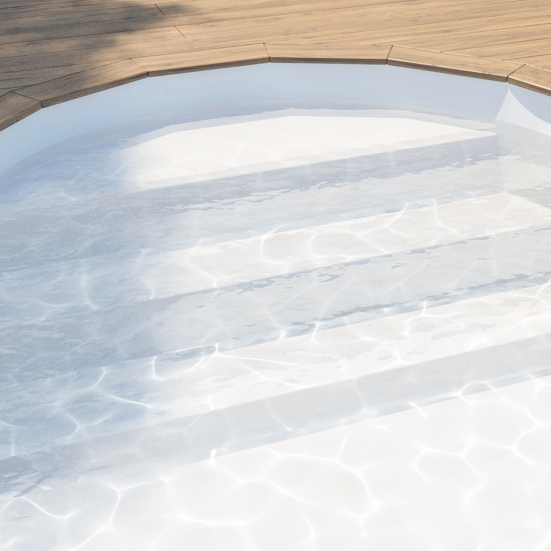 Vue d’ensemble d’une piscine à fond blanc avec membrane armée BWT Be BRANE Pureline Blanc, eau très claire bordée d’une terrasse en bois