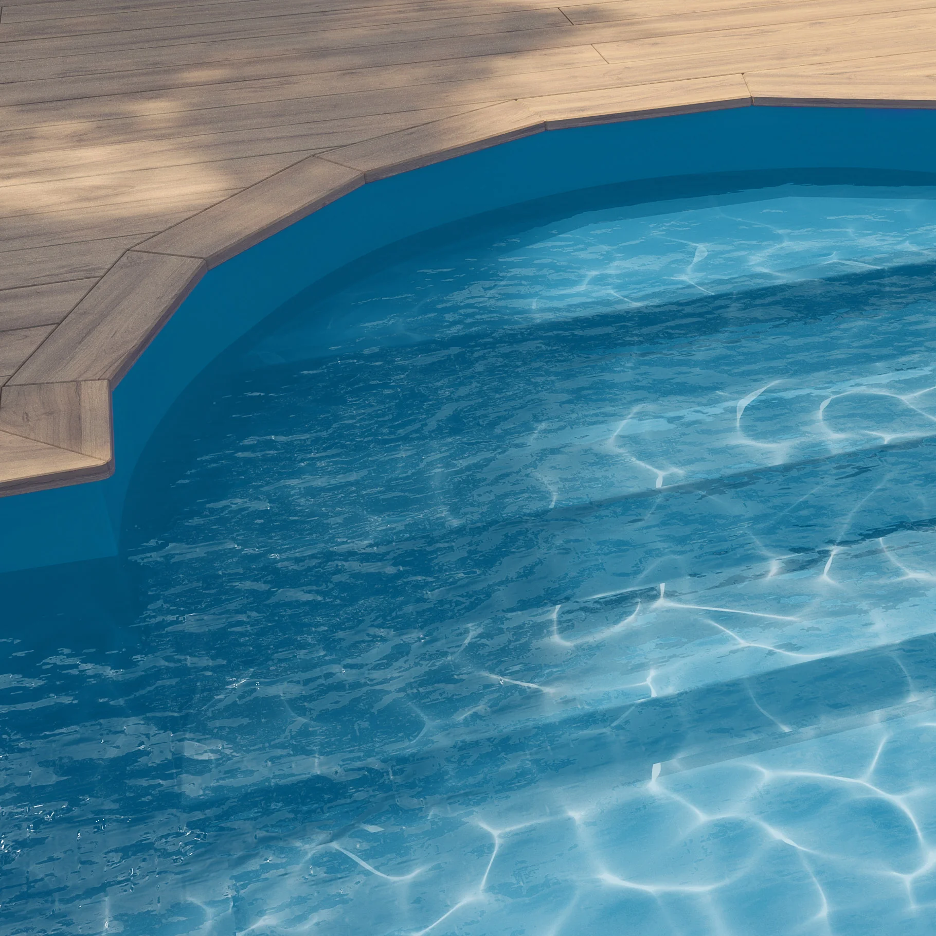 Vue d’ensemble d’une piscine arrondie avec membrane armée BWT Be BRANE Pureline Bleu Adriatique, eau bleu vif et couvrant bordée d’une terrasse en bois