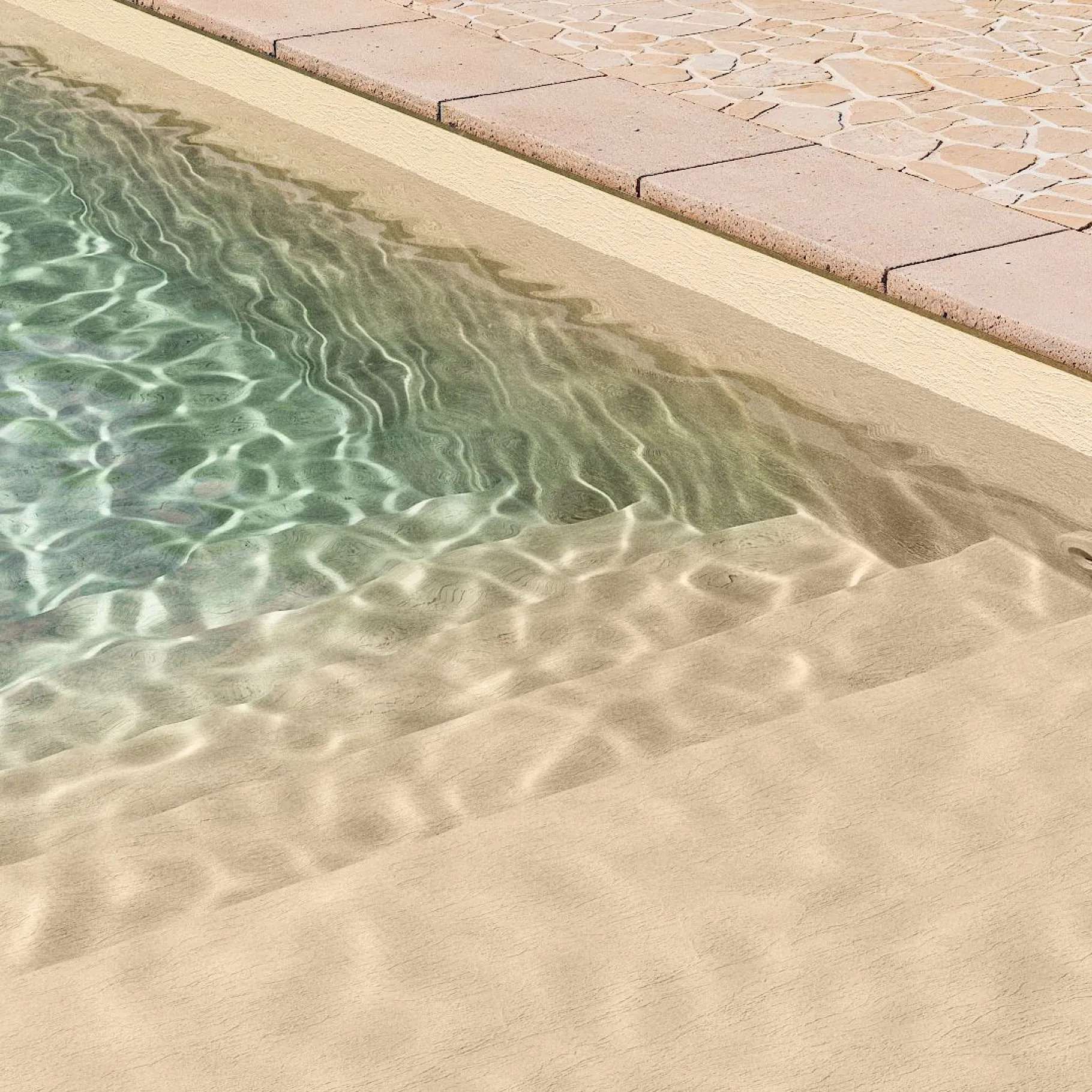 Marches de piscine avec membrane armée BWT Be BRANE Pureline Corde, eau vert-bleu claire sur une terrasse en pierre beige