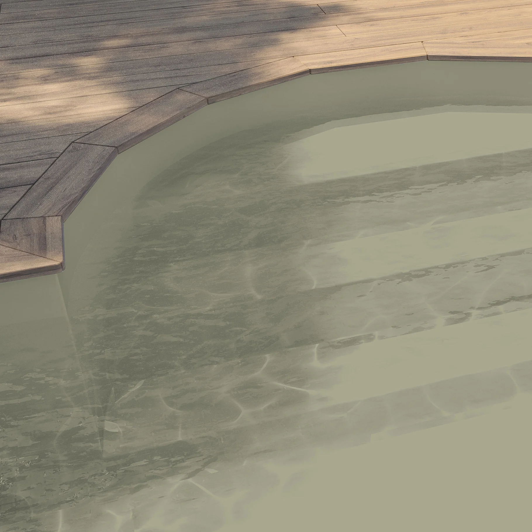 Vue d’ensemble d’une piscine arrondie avec membrane armée BWT Be BRANE Pureline Corde, eau aux reflets beige-vert bordée d’une terrasse en bois