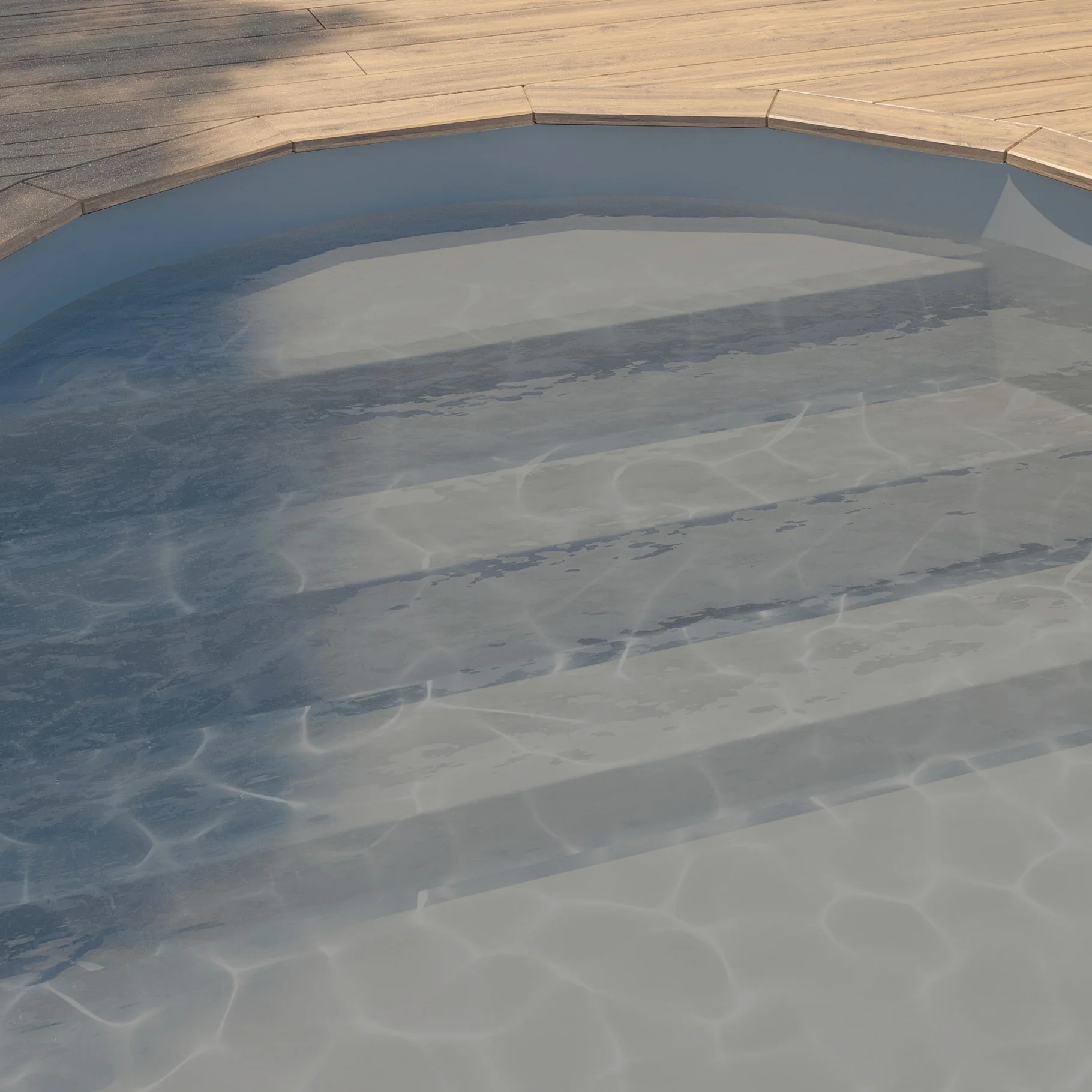 Vue d’ensemble d’une piscine arrondie avec membrane armée BWT Be BRANE Pureline Gris Anthracite, eau grise bordée d’une terrasse en bois