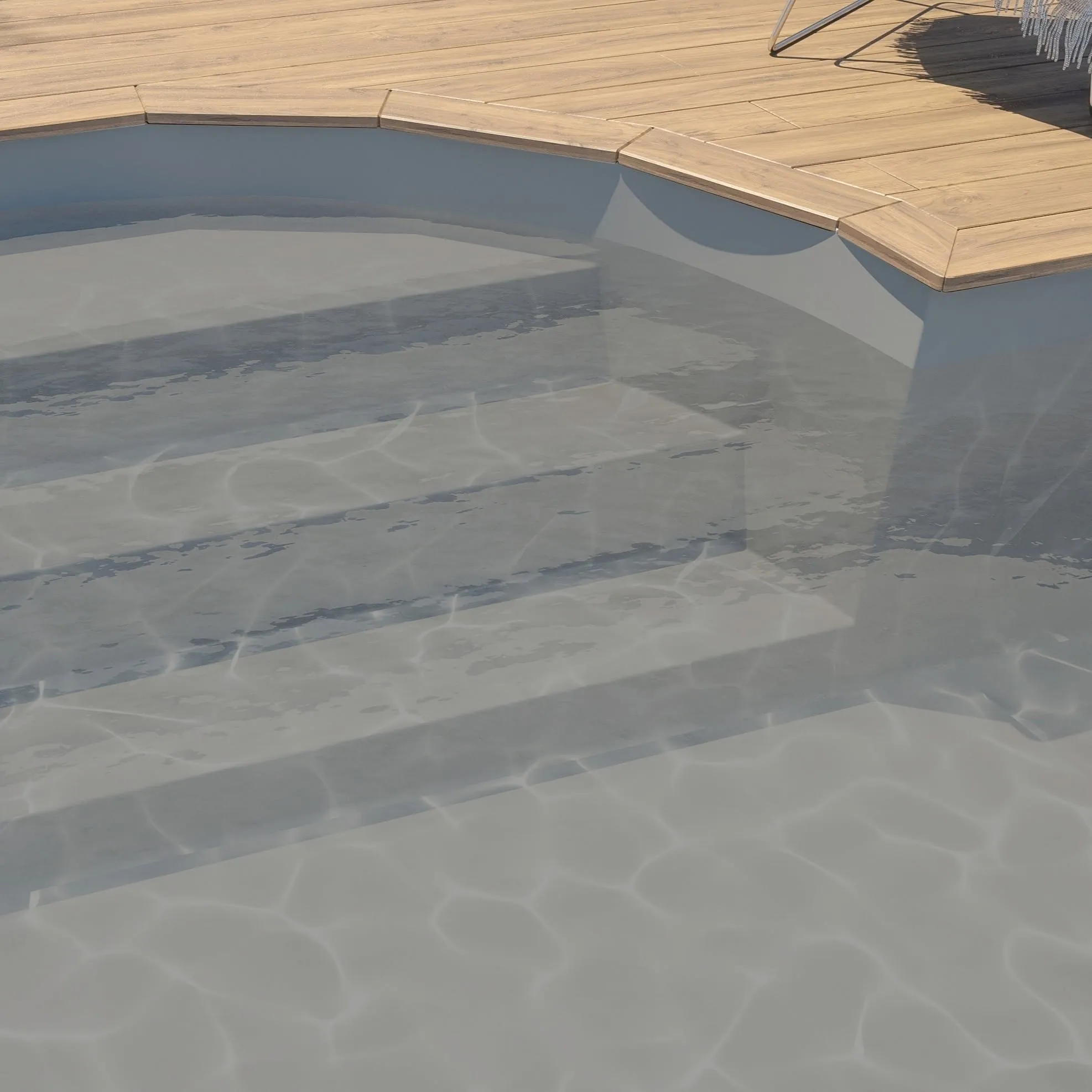 Marches de piscine avec membrane armée BWT Be BRANE Pureline Gris clair, eau grise aux reflets argentés sur une terrasse en bois