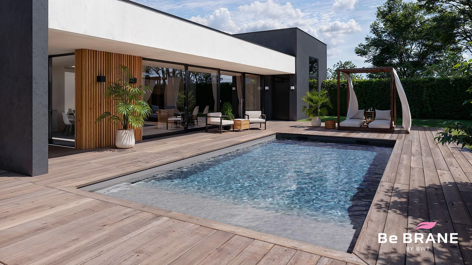 Vue d’ensemble d’une piscine avec membrane armée BWT Be BRANE Pureline Gris clair, eau claire discrète devant une villa contemporaine