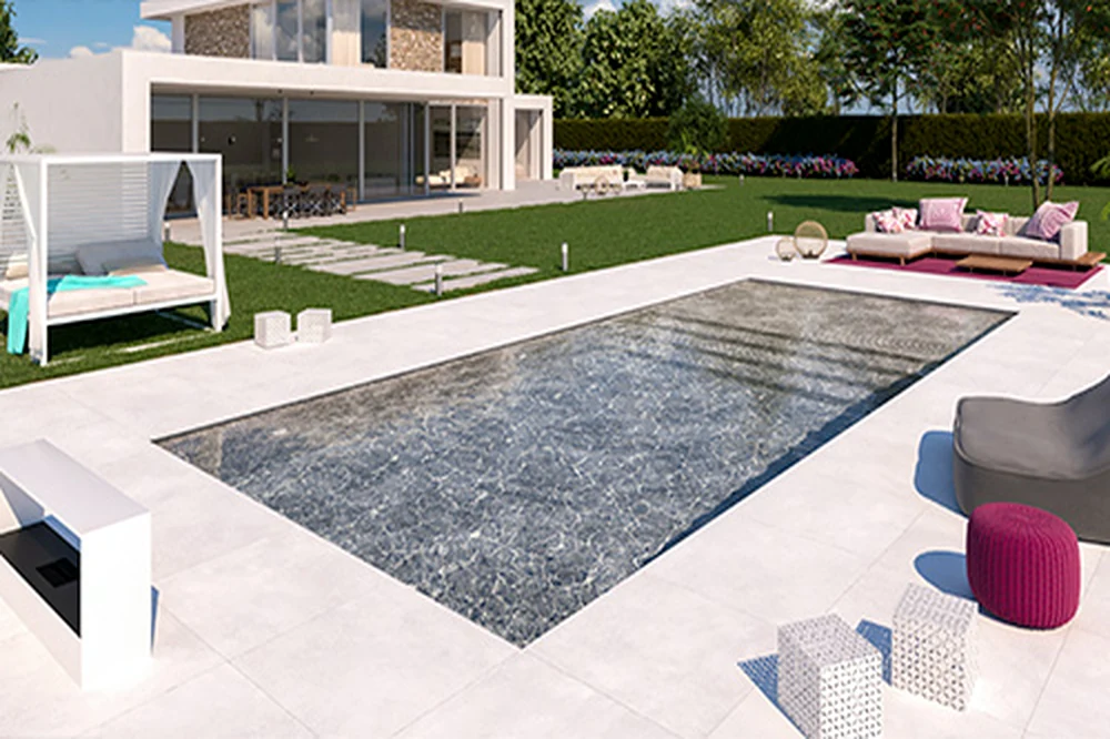 Aperçu du configurateur officiel RENOLIT ALKORPLAN avec une piscine dans une ambiance villa